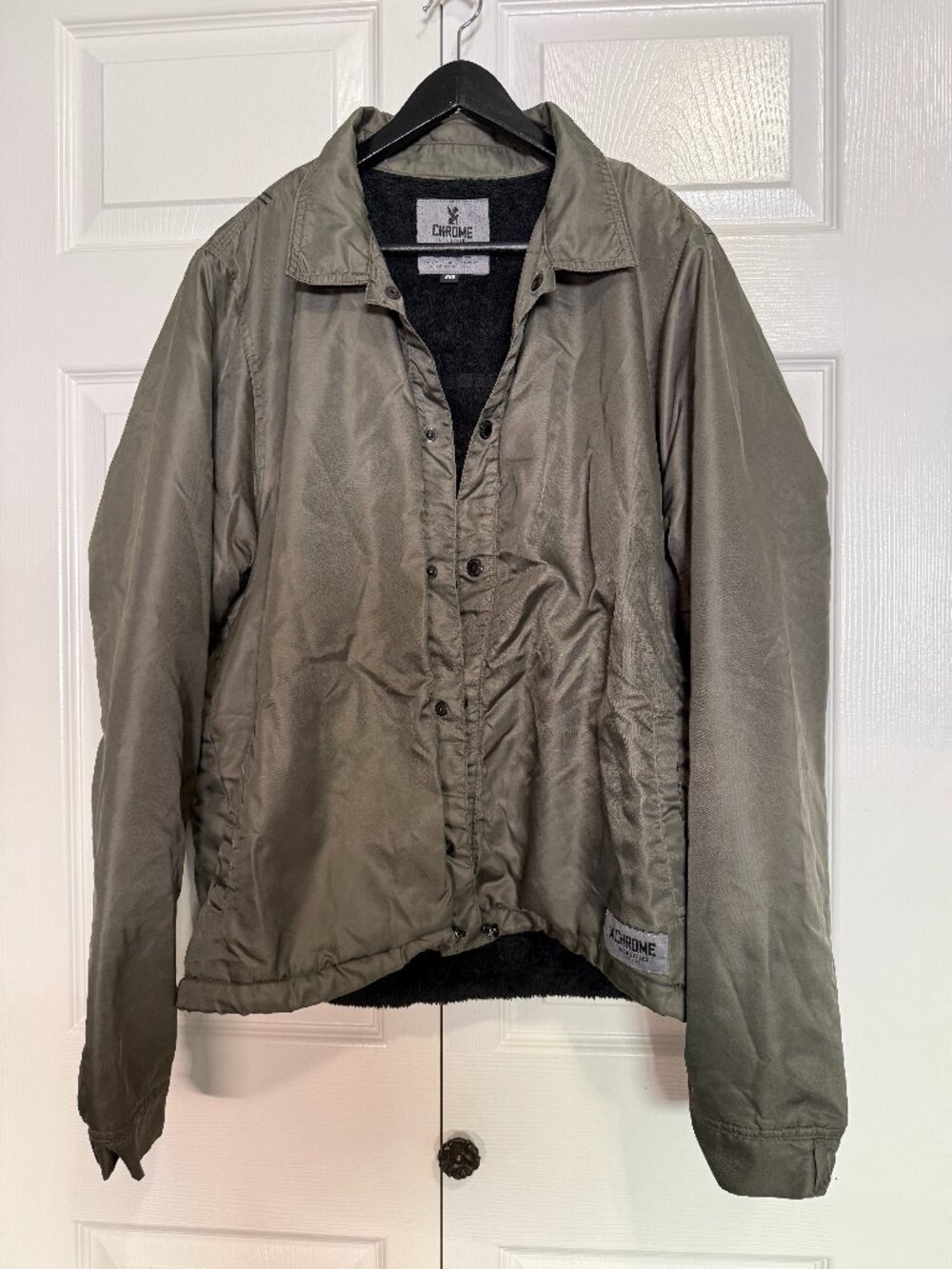 CHROME INDUSTRIES Fleece Lined Snap Front Coach Jacket Olive Green M